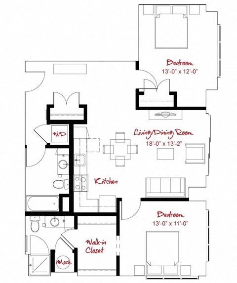 Floor plan for 2 beds, 2 baths, 1124 sqft